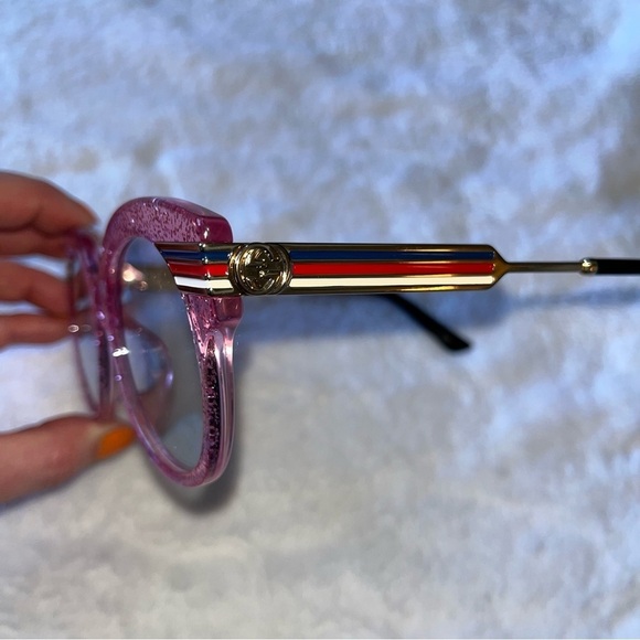 GUCCI GG0282SA Sunglasses Round Frame Web Pink Glitter Light Azure Acetate new - Picture 11 of 15